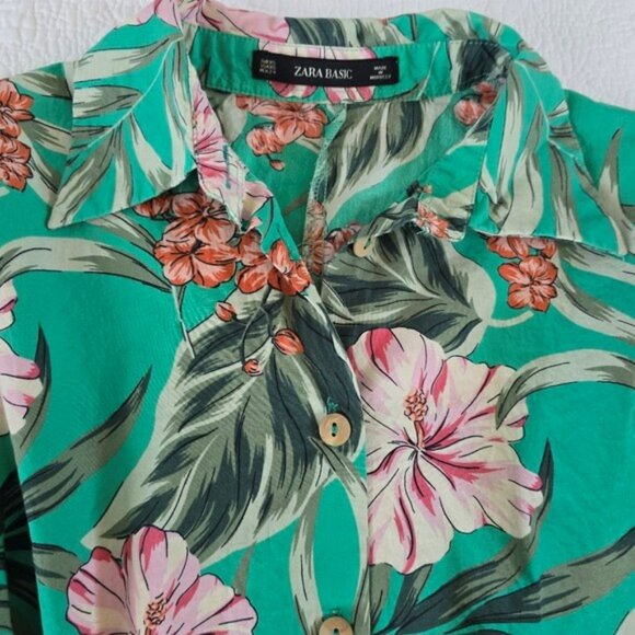 Zara Women's Midi Tropical Dress Size XS Green Button Down Belt Pockets Vacation - Picture 6 of 14